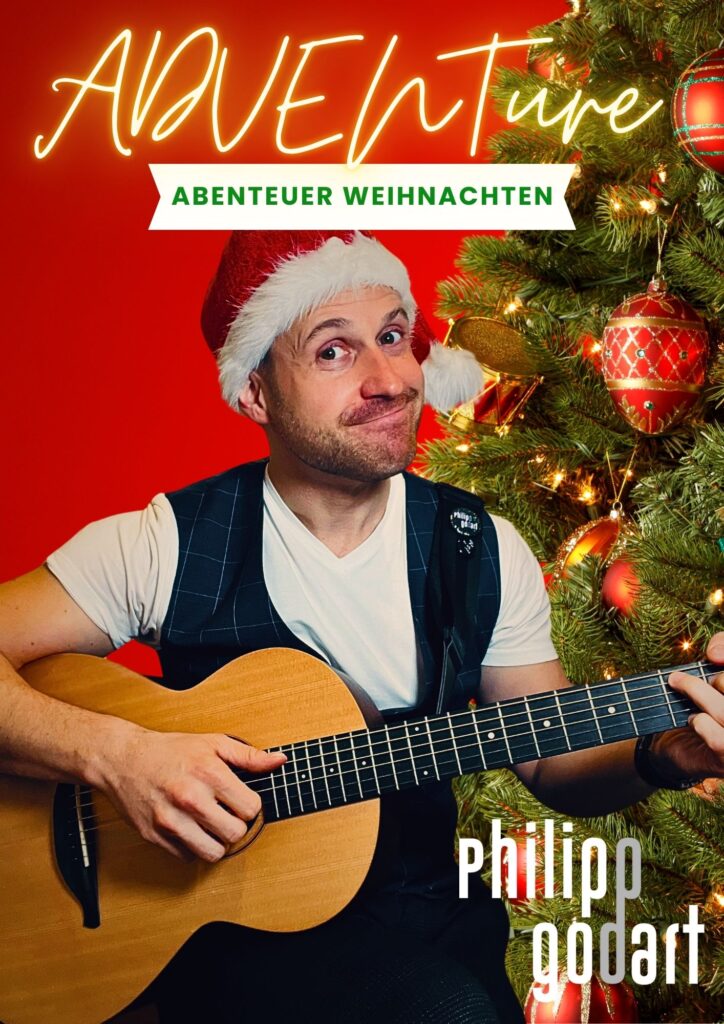 ADVENTure-Plakat für die Tour Philipp Godart mit Gitarre vor einem Weihnachtsbaum